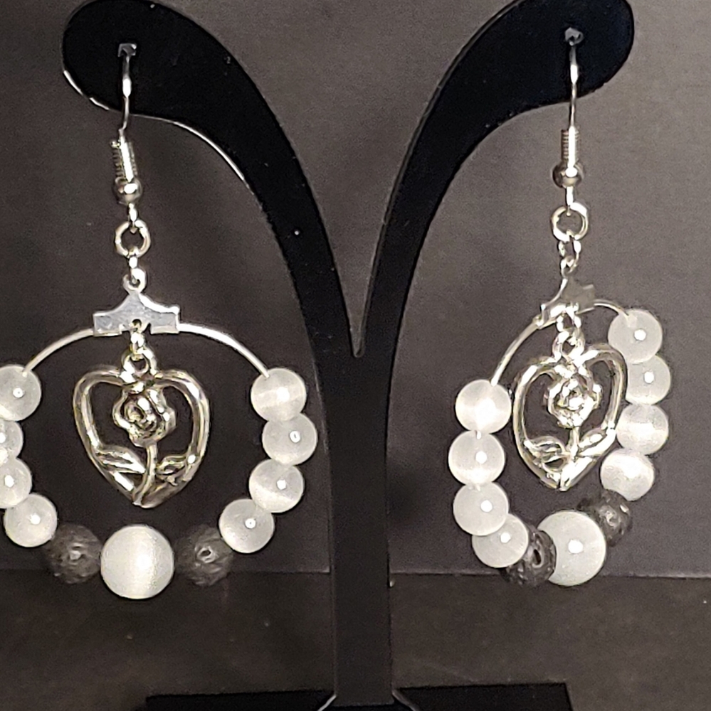 Rose/heart charm earrings w/ selenite and lava rock beads